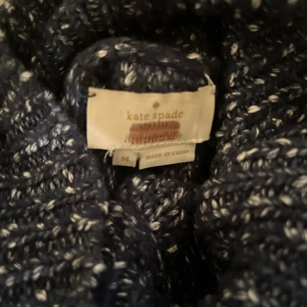 kate spade Sweater - Women's Medium Navy Blue White - Cable Knit Turtleneck